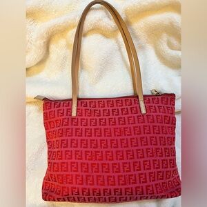 Authentic Fendi Zucchino Small Tote Bag - Red Canvas Excellent Vintage Condition
